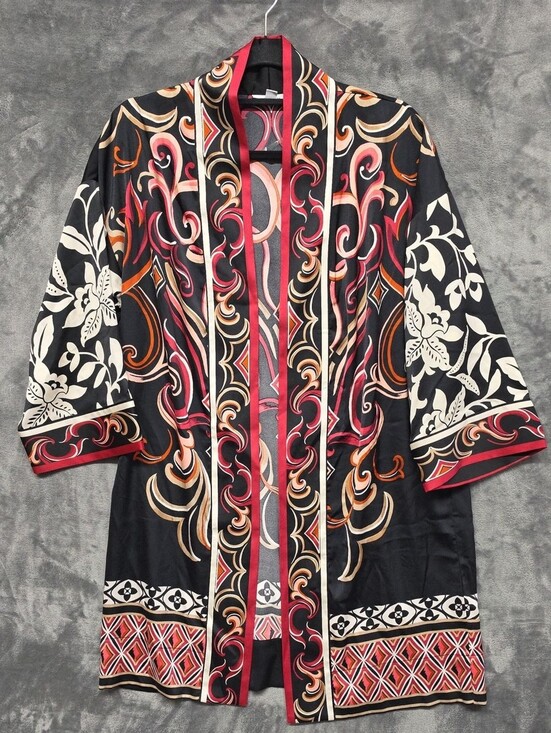 Chico's Other - Chico's Black Floral & Scroll Satin KIMONO with Red and Cream Accents Sz S/med